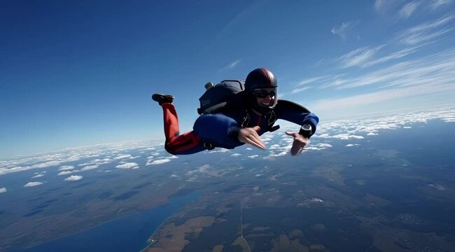 Skydiver freefalling through a clear blue sky above clouds and land with arms spread wide