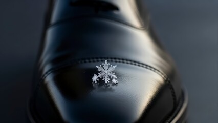 Close-up of a delicate snowflake resting on a dark, smooth surface, highlighting its intricate crystalline structure.