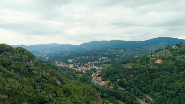 Florence, Italy. Pian di Mugnone is part of the Italian municipality of Fiesole, in the metropolitan city of Florence, Tuscany. Summer. Drone footage