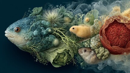 Artistic Representation of Fish with Flora and Fauna Elements