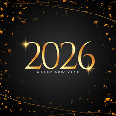 Golden confetti Happy new year 2026 golden text black background