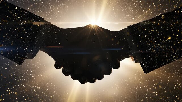 Conceptual Business Handshake Silhouette with Bright Starburst and Cosmic Starry Background