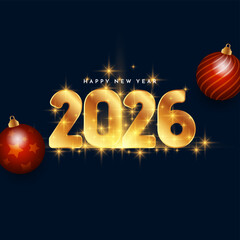 Happy new year 2026 golden text with stars background