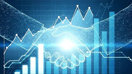 A digital handshake over glowing blue financial charts symbolizes global technology partnership and future growth. - Powered by Adobe