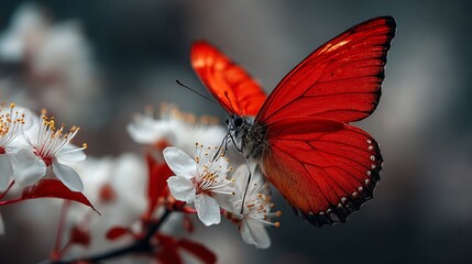 Vibrant Red Butterfly on Delicate White Flower Petals in Nature