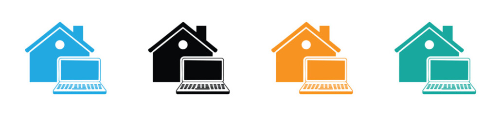 Home Office. Symbol with Computer Inside a House Icon. Smart home technology and remote work concept. Icon representing remote work from home with a person using a laptop inside a house.