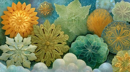 Intricate Leaf Patterns and Floral Designs on a Textured Background