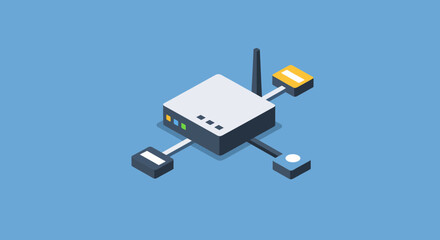 Isometric router illustration for tech startup advertising or modern network infrastructure promotion, seamless connectivity and smart devices integration