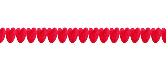 Cute seamless horizontal border of red hearts of different shapes. Ornament hearts Valentine's Day. Watercolor illustration for background design, packaging, textiles.