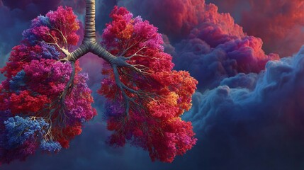 Colorful Lungs Made of Trees Surrounded by Ethereal Clouds