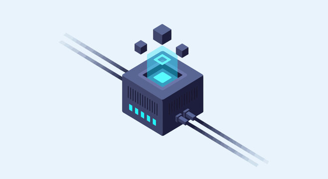 Modern isometric server for data processing with floating cubes, perfect for technology, data storage, and futuristic concepts in vibrant blue tones