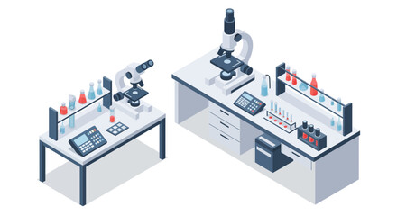Obraz premium Modern lab workspace with microscopes and glassware perfect for scientific research visuals, medical innovation presentations, and pharmaceutical marketing materials