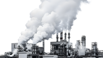 Industrial factory emitting thick white smoke stacks isolated on transparent background