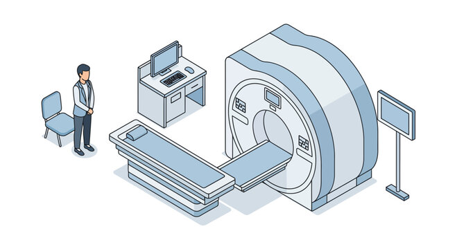 Modern MRI scan room with patient waiting for procedure, great for healthcare marketing, medical illustrations, and hospital equipment promotions