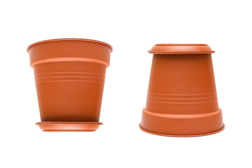 two brown pots one vertical, one inverted, isolated on a white background