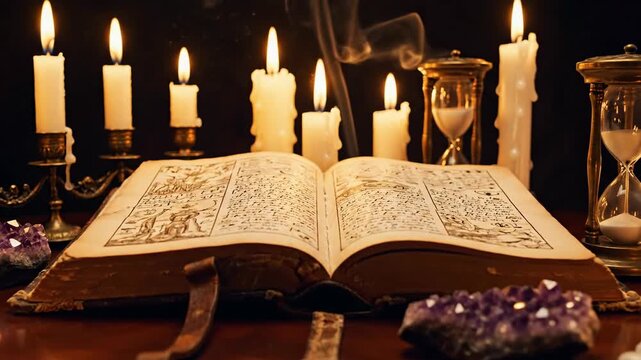 Illuminated ancient book on a table with candles, amethyst crystals, and an hourglass