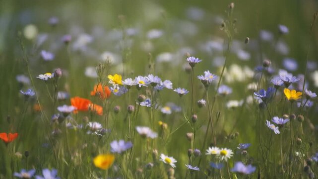 Loopable spring wildflower background video, small colorful wildflowers swaying evenly