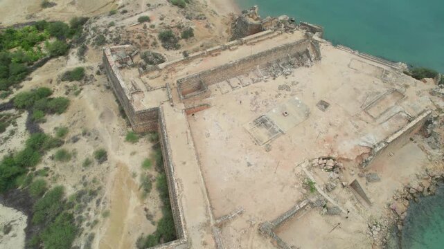 Aerial Tilt-Up View of Ruined Castillo de Araya Fortress Venezuela