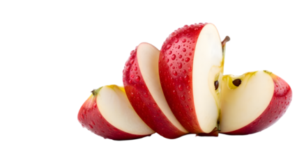 Sliced red apple pieces falling arrangement isolated on transparent background