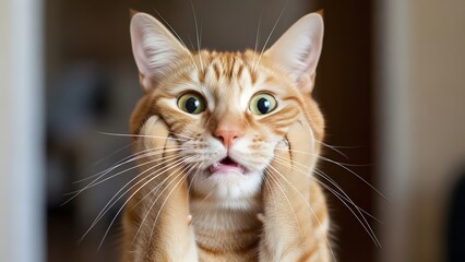 Funny ginger cat makes a surprised face with paws on cheeks