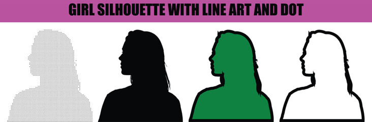 Artistic girl silhouette featuring refined line art combined with dotted pattern, modern abstract vector illustration ideal for fashion, beauty, and creative layouts