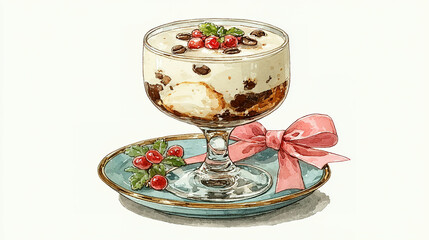 Delicious layered dessert with cream, coffee, and fruit garnishes in a glass.