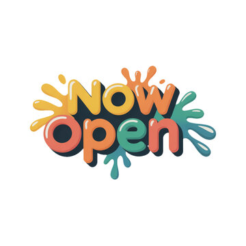 Colorful now open lettering with paint splash shapes on white background for grand opening signs retail announcements small business promotions storefront banners launch graphics and shop marketing