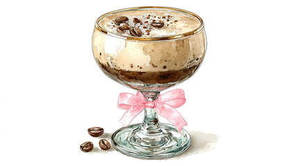 A glass dessert dish filled with layered chocolate mousse and coffee beans.