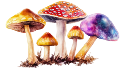 Multicolored hallucinogenic mushrooms psychedelic fungi caps vivid textures macro studio photography detailed lighting closeup isolated on white background
