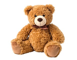 Obraz premium A fluffy teddy bear with a brown bow tie and light brown paws, seated and facing forward against a white backdrop