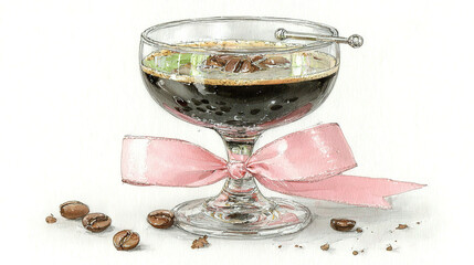 Glass of iced coffee with a pink ribbon and scattered coffee beans.