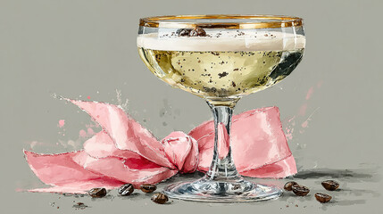 Glass of white wine with a pink ribbon and coffee beans nearby.