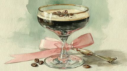 Coffee drink served in a glass with coffee beans and a pink ribbon bow.