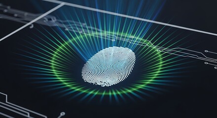 Digital fingerprint scan security technology with glowing futuristic aura and circuit board background