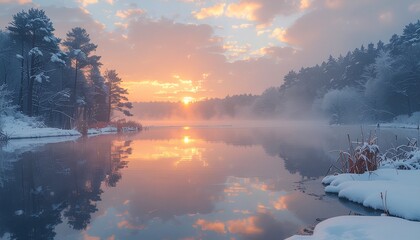 【太陽の光芒】雪の森を照らす朝焼け（夕焼け）と、水面に映る完璧なミラーリフレクション