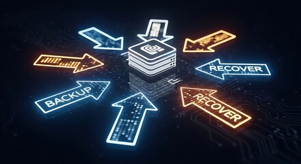 Digital data backup and recovery system with arrows pointing to central server