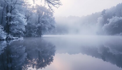モノクロームの冬：霜に覆われた木々と水面が織りなす、深い霧の中の幻想的なリフレクション