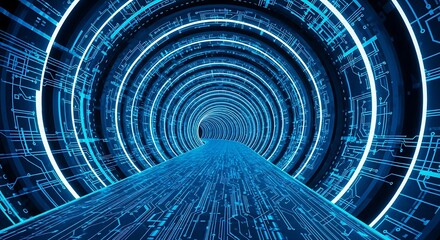 Futuristic neon blue digital tunnel with abstract circuitry patterns and glowing lights