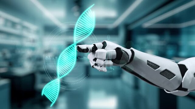 Close up of robotic hand pointing and tapping at DNA hologram with blur laboratory background. Robotic hand clicking at DNA icon to access and connect medical data to diagnosis symptom. Salubrious.