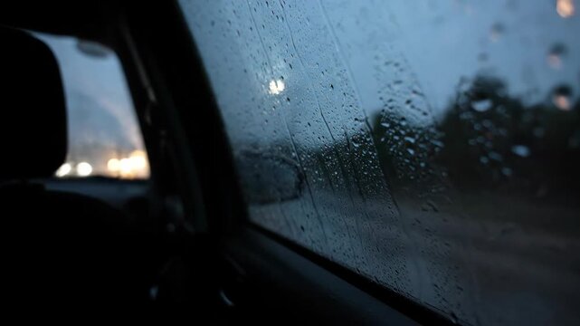Raindrops on a car window during a rainy drive at dusk