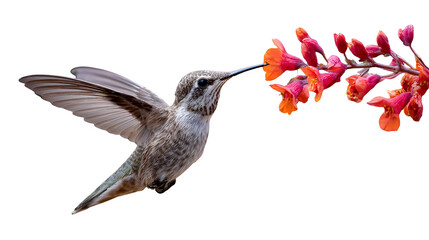 Naklejka premium Hummingbird hovers expertly while drinking nectar from bright orange and red tubular blossoms on black