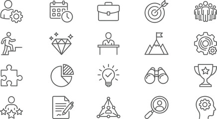 Business success and management line icon set featuring goals strategy teamwork planning productivity achievement leadership growth concepts analytics performance vision © MDALRAFIN