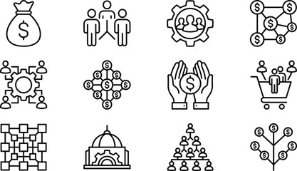 Business finance network icons set showing teamwork, investment, management, profit sharing, blockchain, organizational growth concepts for digital marketing design assets