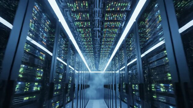 Inside a data center with rows of servers, illuminated by neon lights and fog