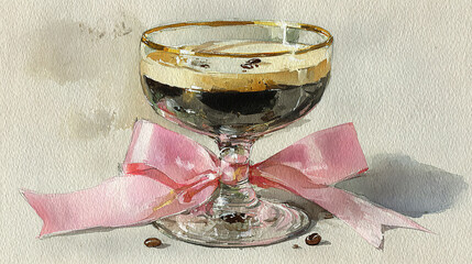 Glass of black coffee with foam, adorned with a pink ribbon bow.