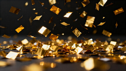 Golden confetti pieces falling and scattered on a dark surface, creating a festive and celebratory atmosphere.