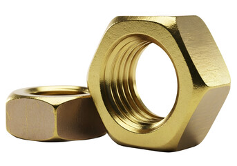 Closeup view of two golden brass hexagonal nuts, one upright and one flat, showcasing their threads, isolated on transparent background generative ai illustration