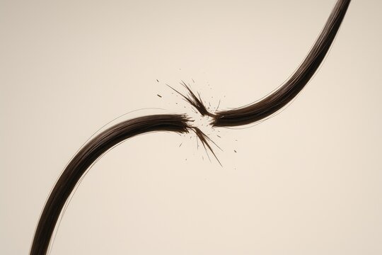Macro view of a damaged brown hair strand breaking, showcasing split ends, hair fragility.