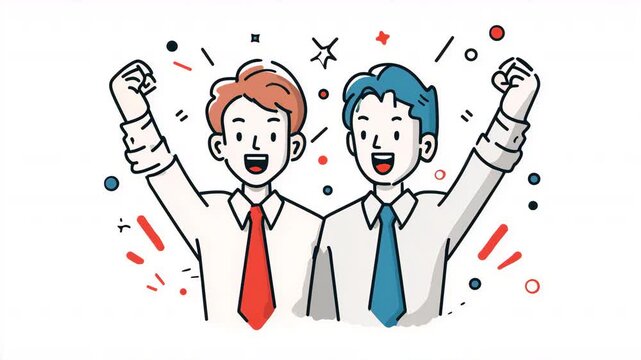 白シャツ姿の日本人男性二人が、拳を上げて気合いを示す瞬間