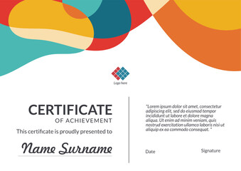 Horizontal bussiness certificate of appreciation achievement with colorful organic shapes composition